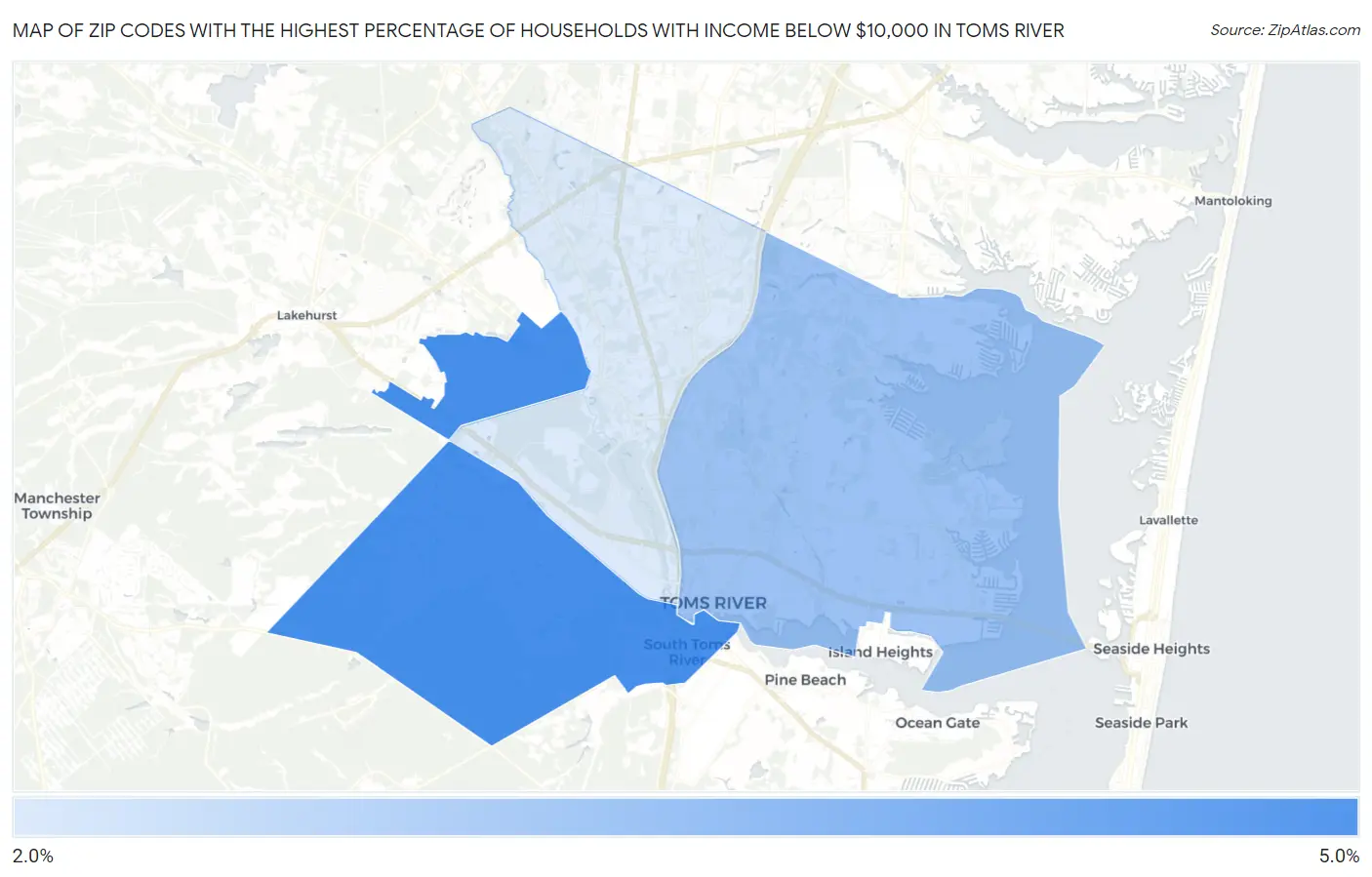 Zip Codes with the Highest Percentage of Households with Income Below $10,000 in Toms River Map