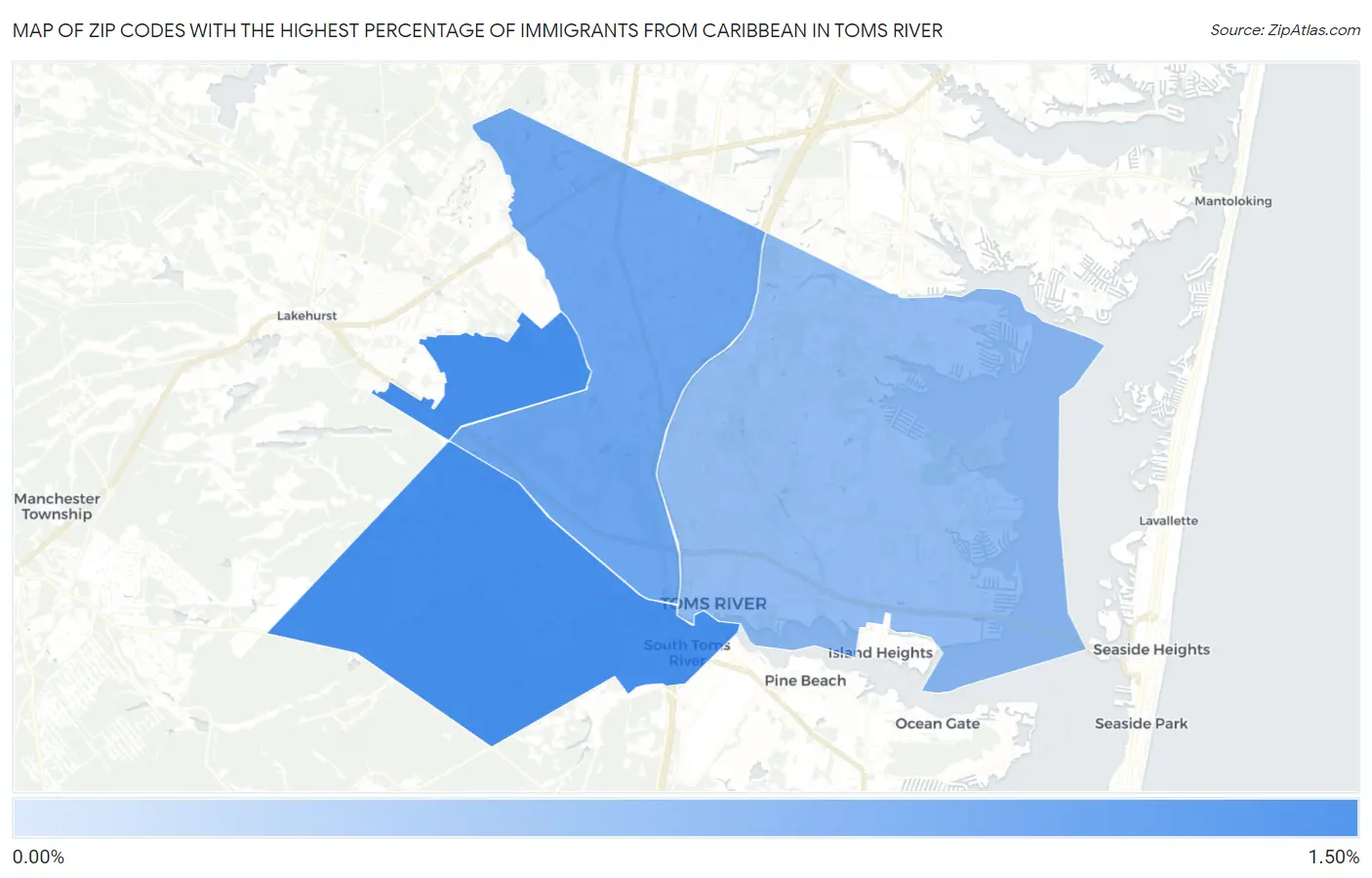 Zip Codes with the Highest Percentage of Immigrants from Caribbean in Toms River Map