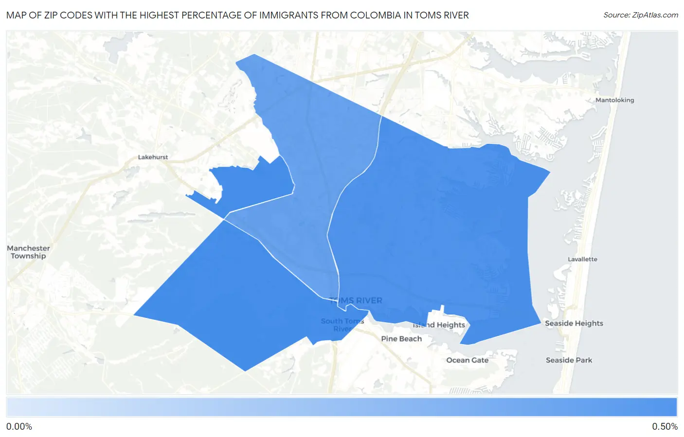 Zip Codes with the Highest Percentage of Immigrants from Colombia in Toms River Map