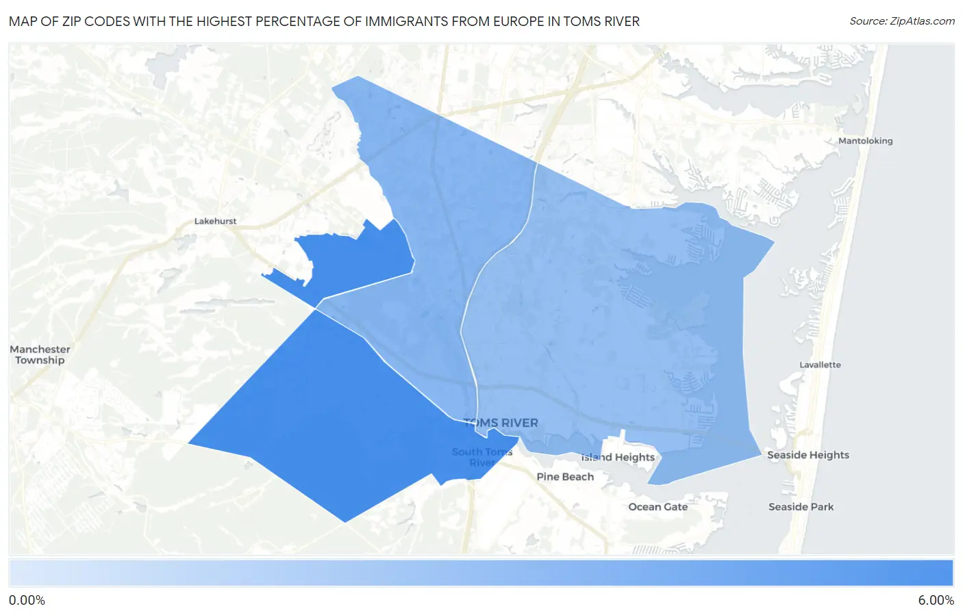 Zip Codes with the Highest Percentage of Immigrants from Europe in Toms River Map