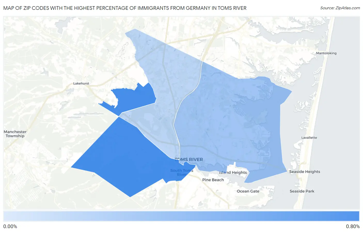 Zip Codes with the Highest Percentage of Immigrants from Germany in Toms River Map