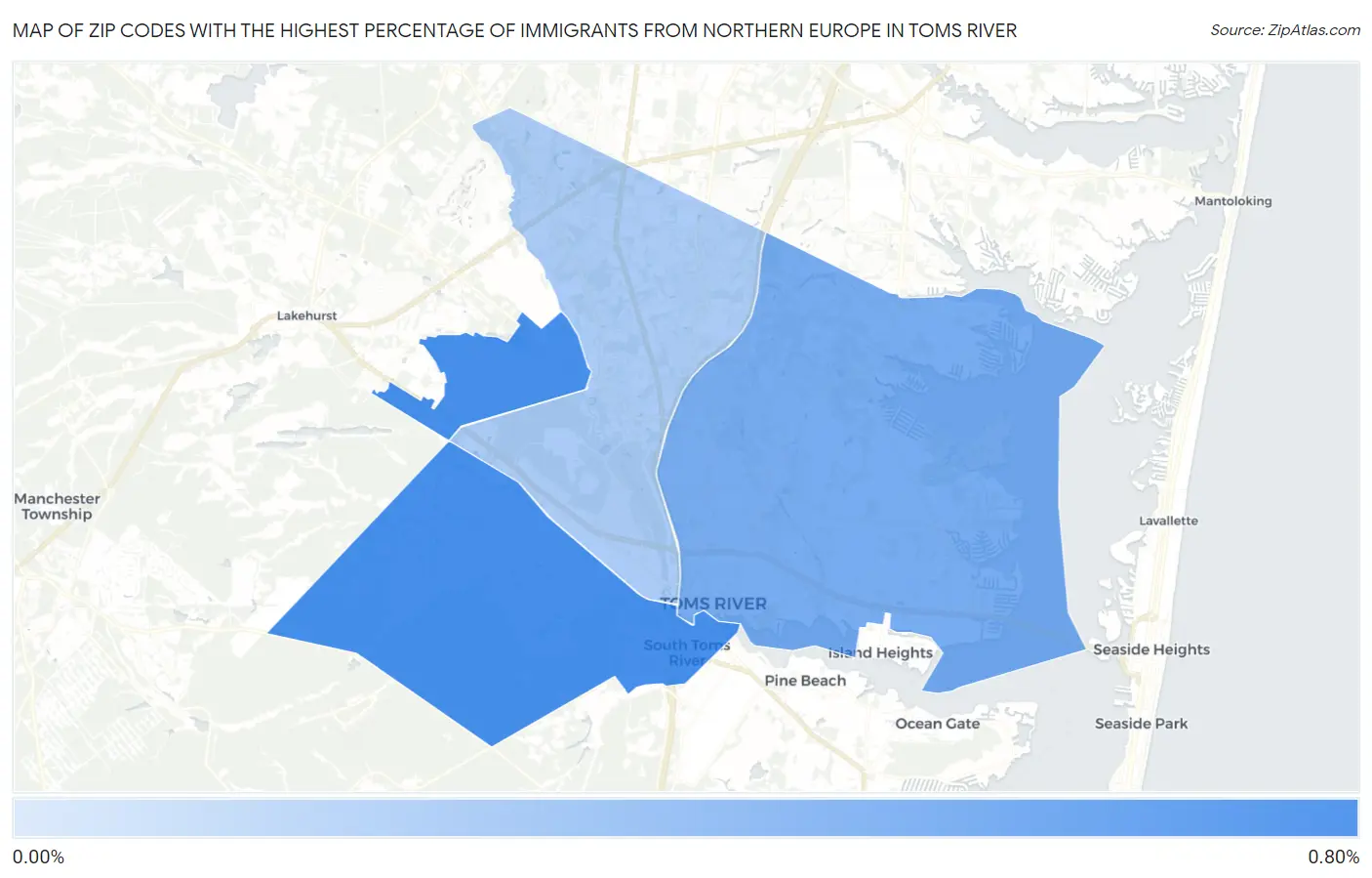 Zip Codes with the Highest Percentage of Immigrants from Northern Europe in Toms River Map