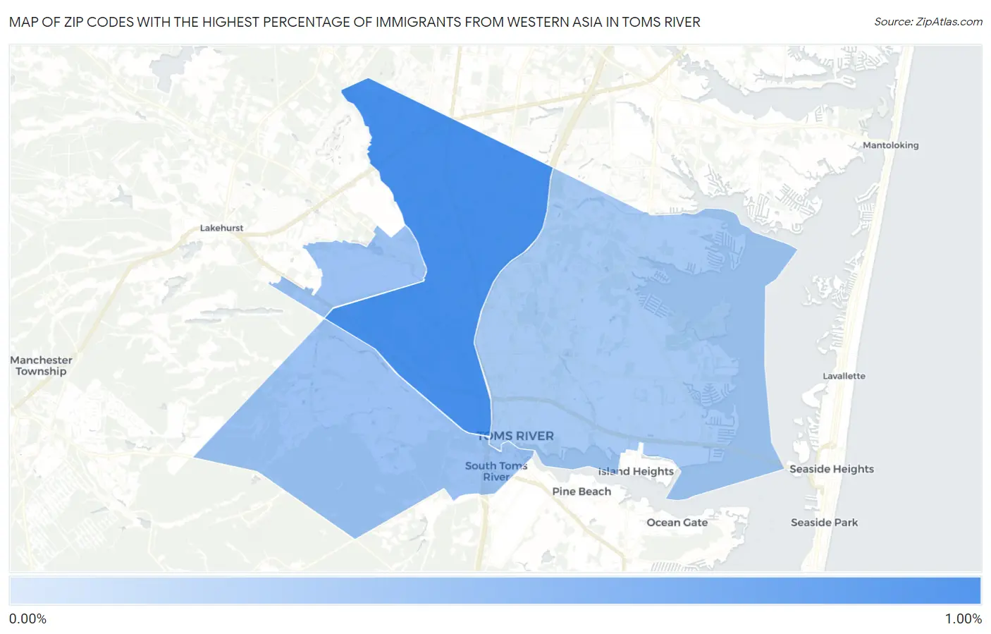 Zip Codes with the Highest Percentage of Immigrants from Western Asia in Toms River Map