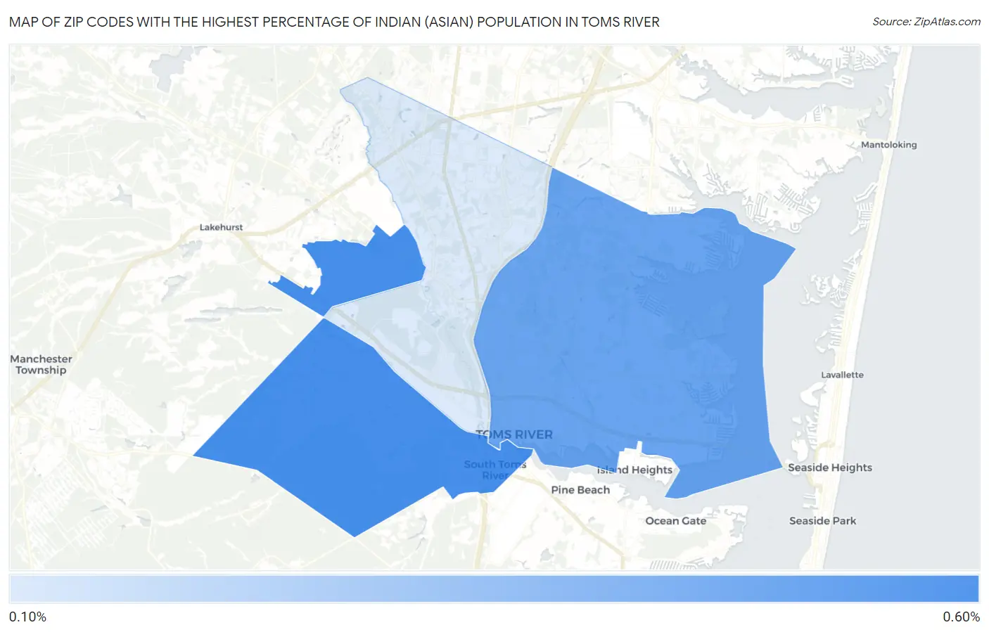 Zip Codes with the Highest Percentage of Indian (Asian) Population in Toms River Map