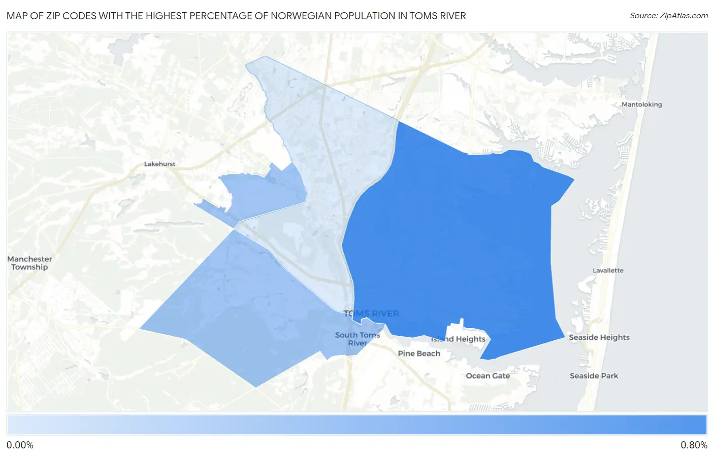 Zip Codes with the Highest Percentage of Norwegian Population in Toms River Map