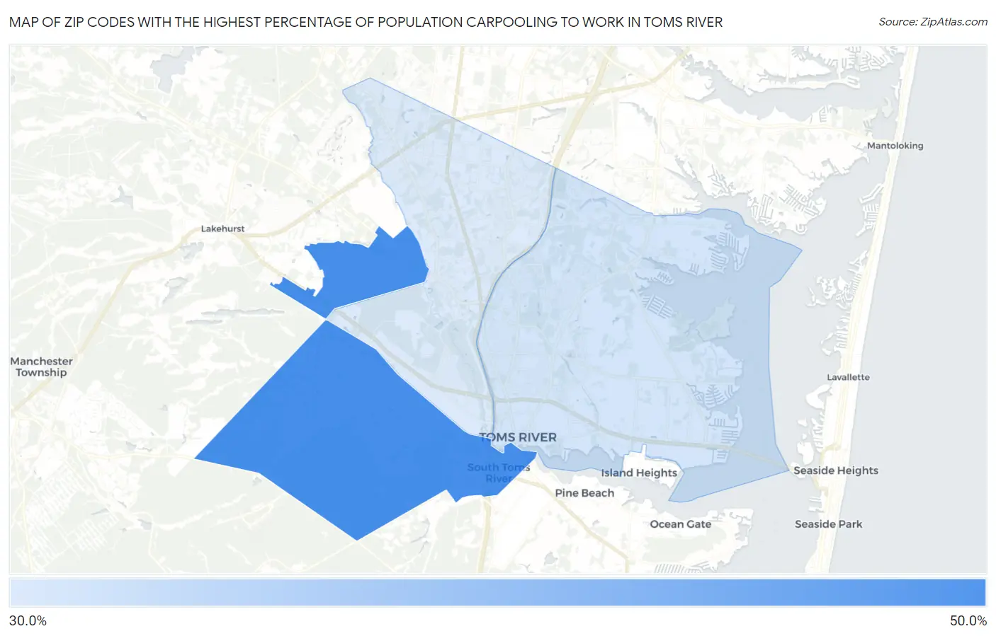 Zip Codes with the Highest Percentage of Population Carpooling to Work in Toms River Map
