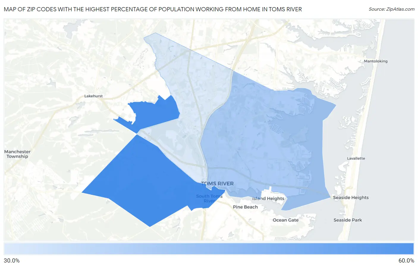 Zip Codes with the Highest Percentage of Population Working from Home in Toms River Map