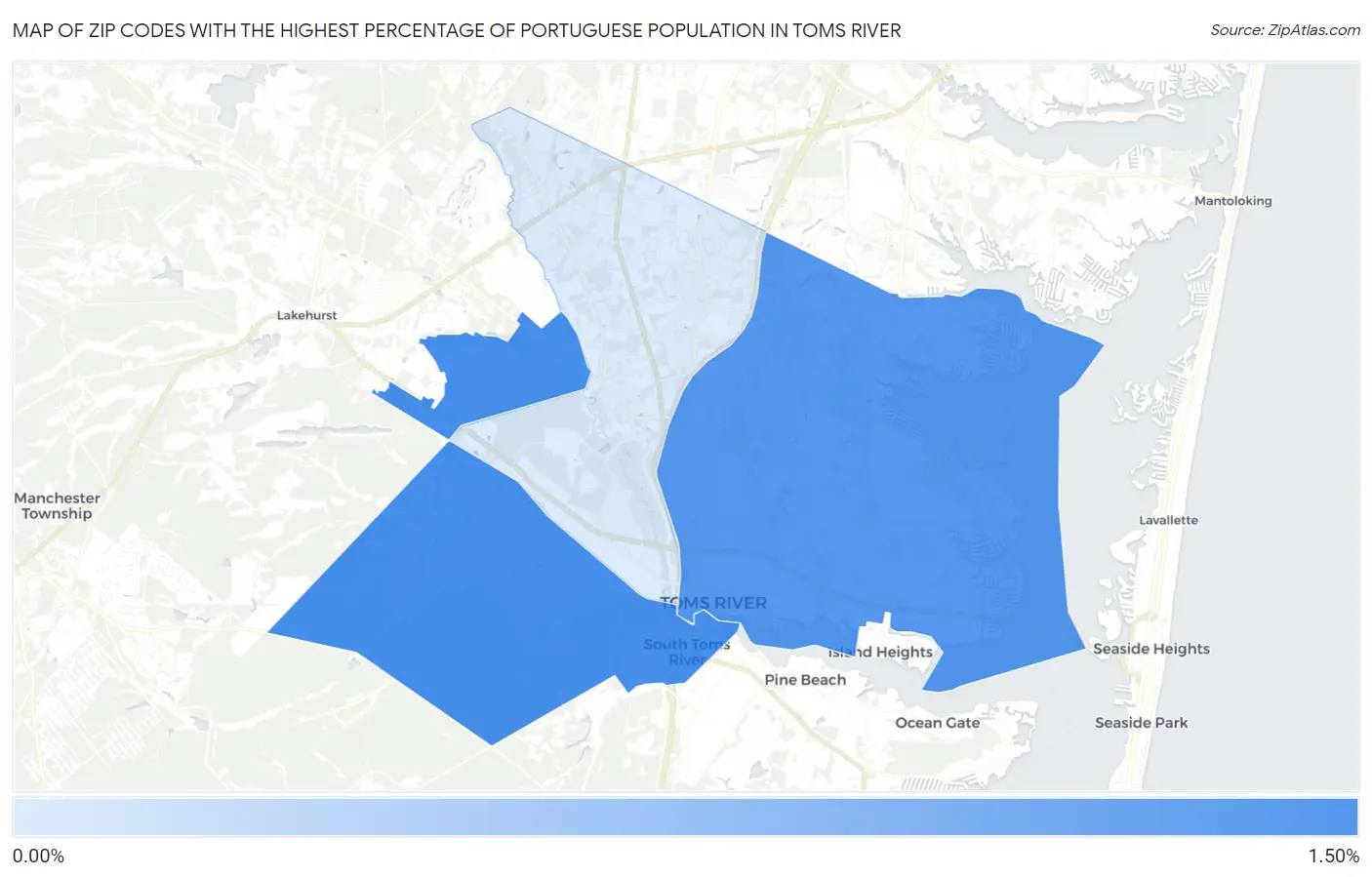 Zip Codes with the Highest Percentage of Portuguese Population in Toms River Map