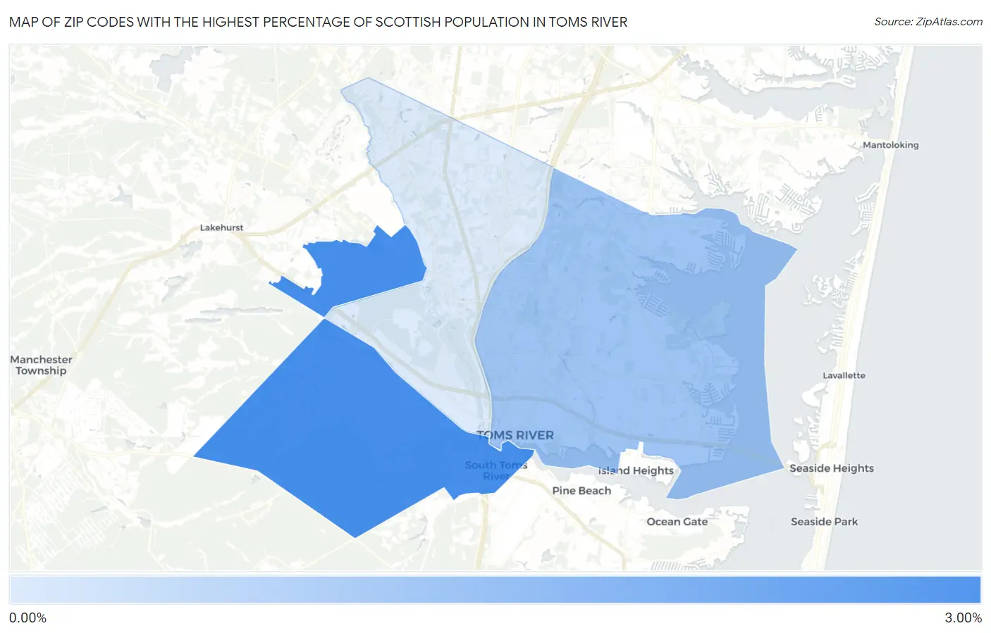 Zip Codes with the Highest Percentage of Scottish Population in Toms River Map