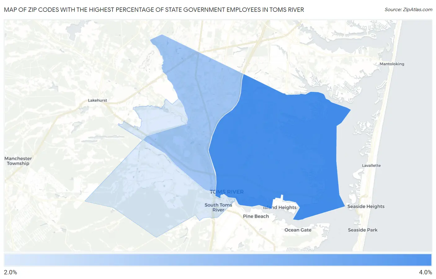 Zip Codes with the Highest Percentage of State Government Employees in Toms River Map