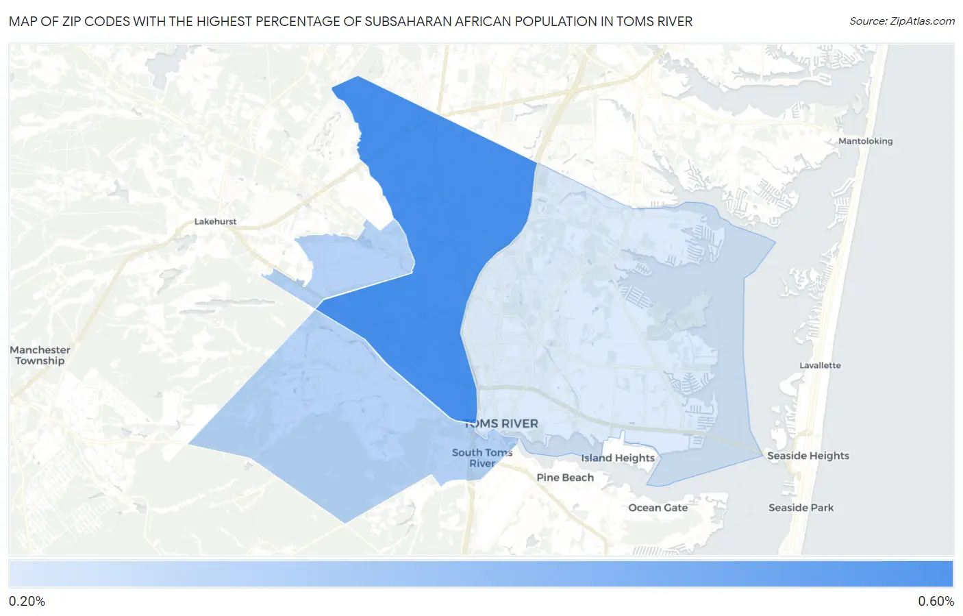 Zip Codes with the Highest Percentage of Subsaharan African Population in Toms River Map