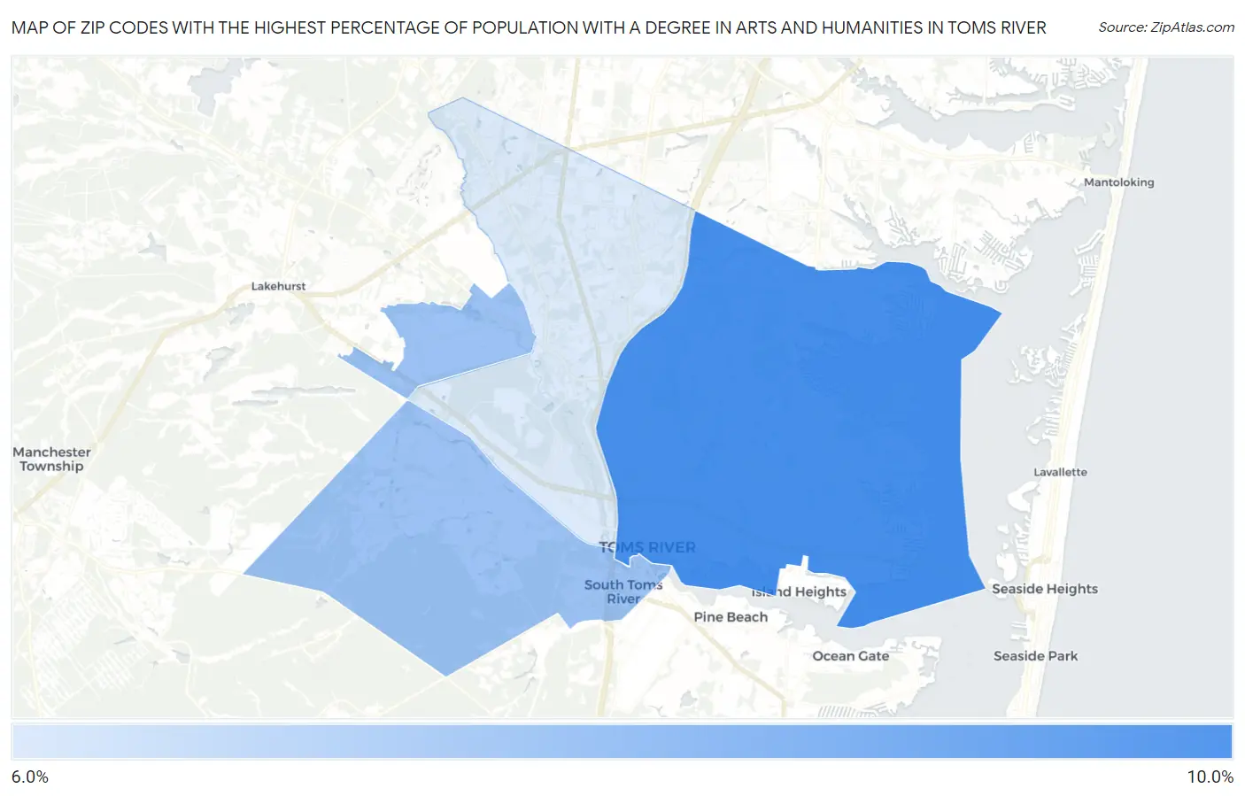 Zip Codes with the Highest Percentage of Population with a Degree in Arts and Humanities in Toms River Map