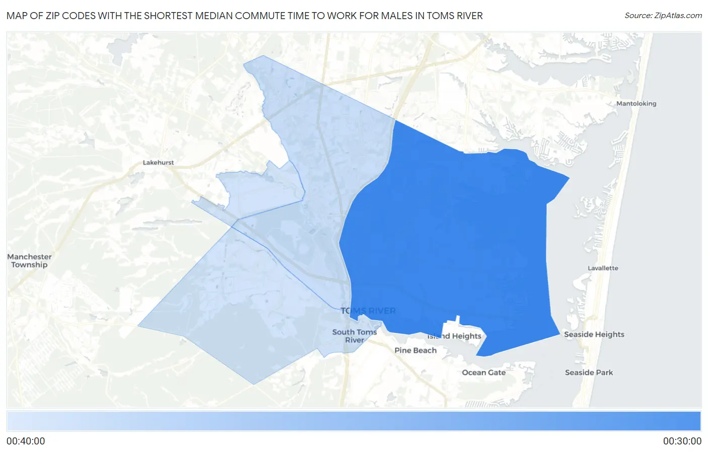 Zip Codes with the Shortest Median Commute Time to Work for Males in Toms River Map