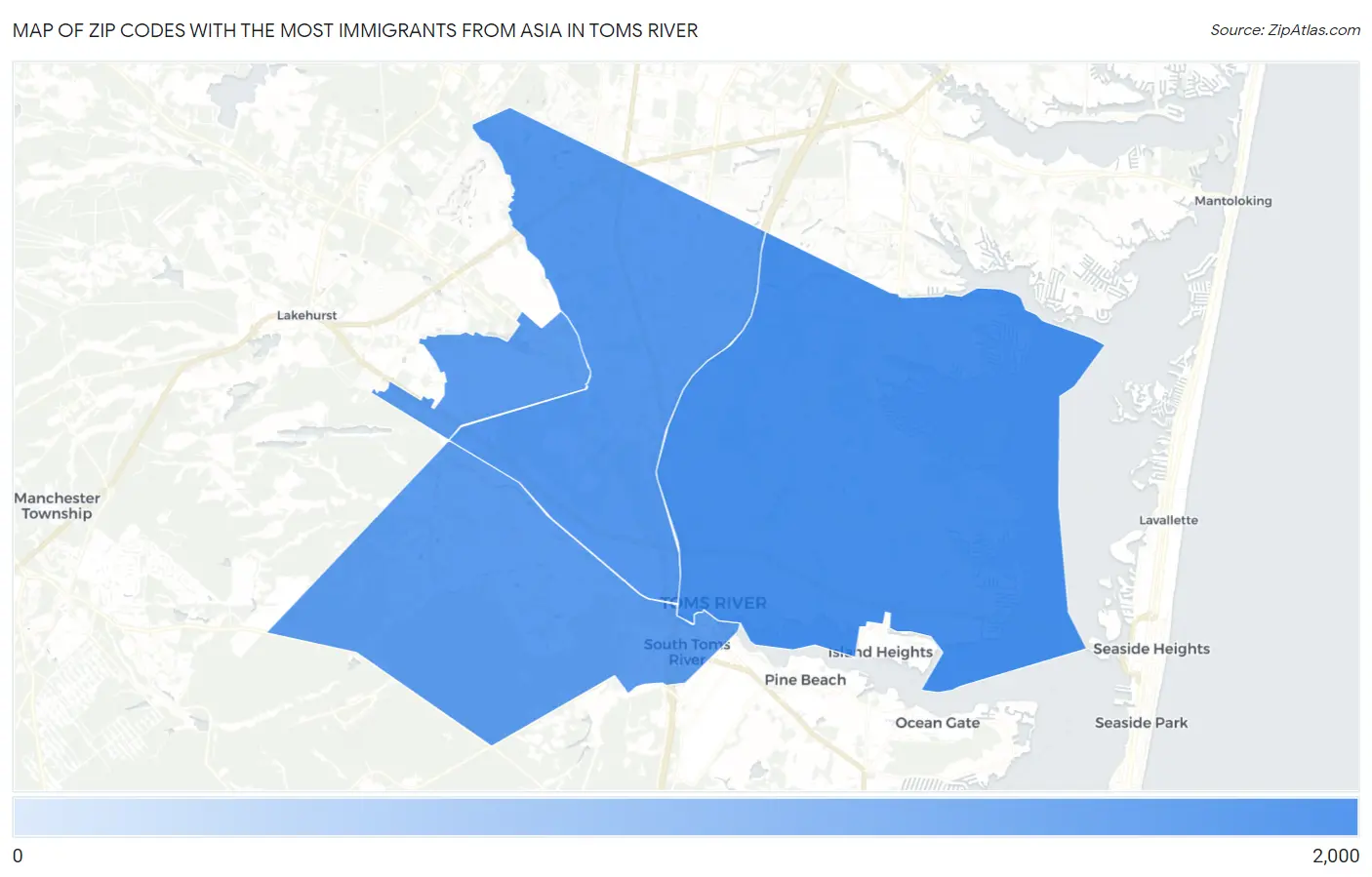 Zip Codes with the Most Immigrants from Asia in Toms River Map