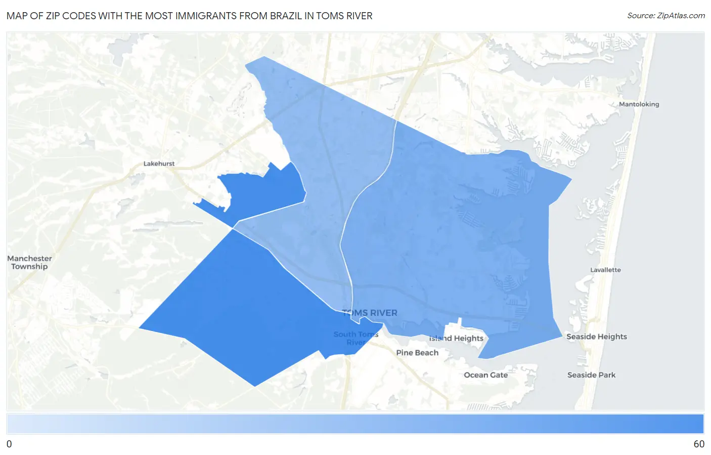 Zip Codes with the Most Immigrants from Brazil in Toms River Map