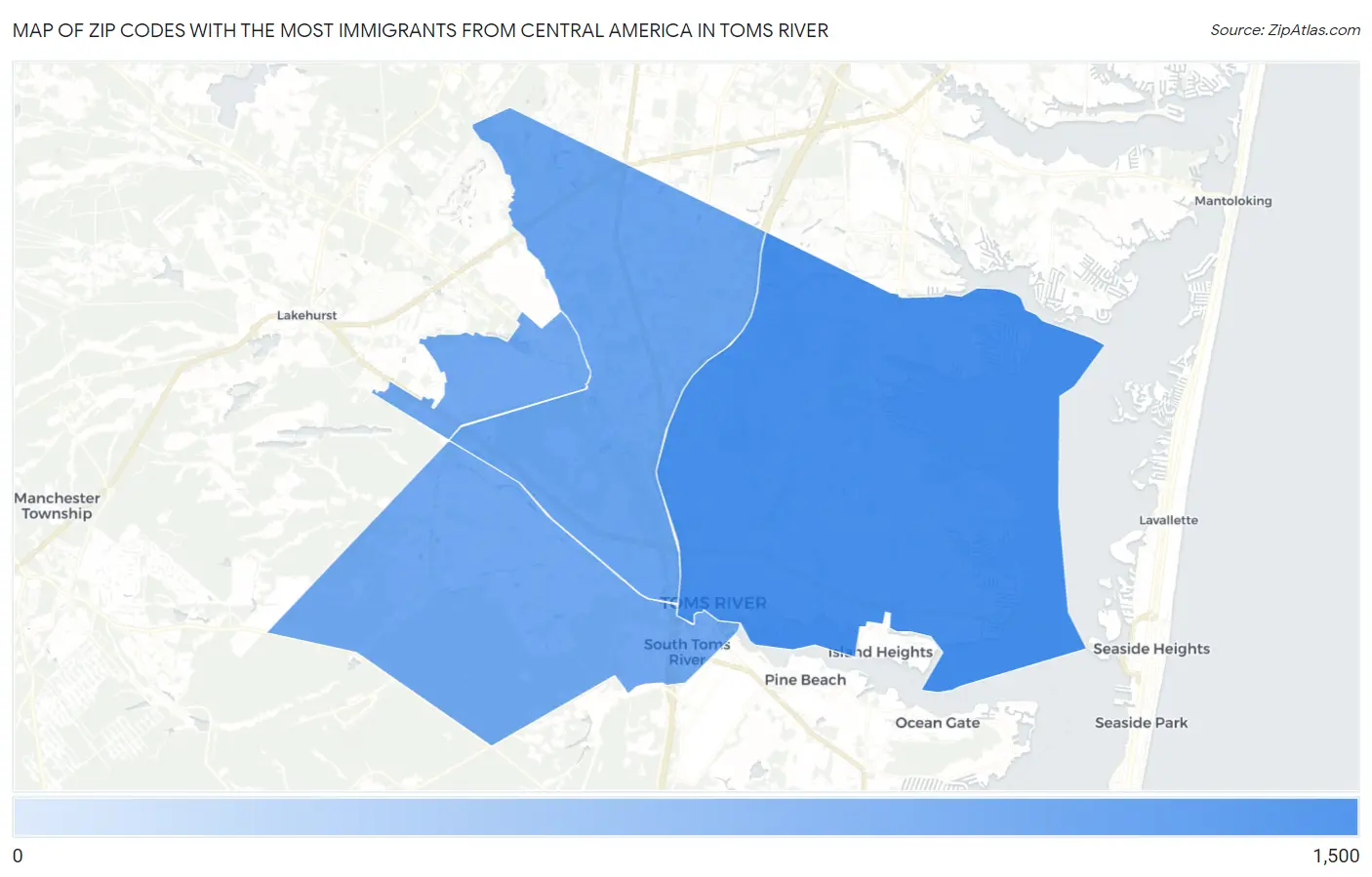 Zip Codes with the Most Immigrants from Central America in Toms River Map