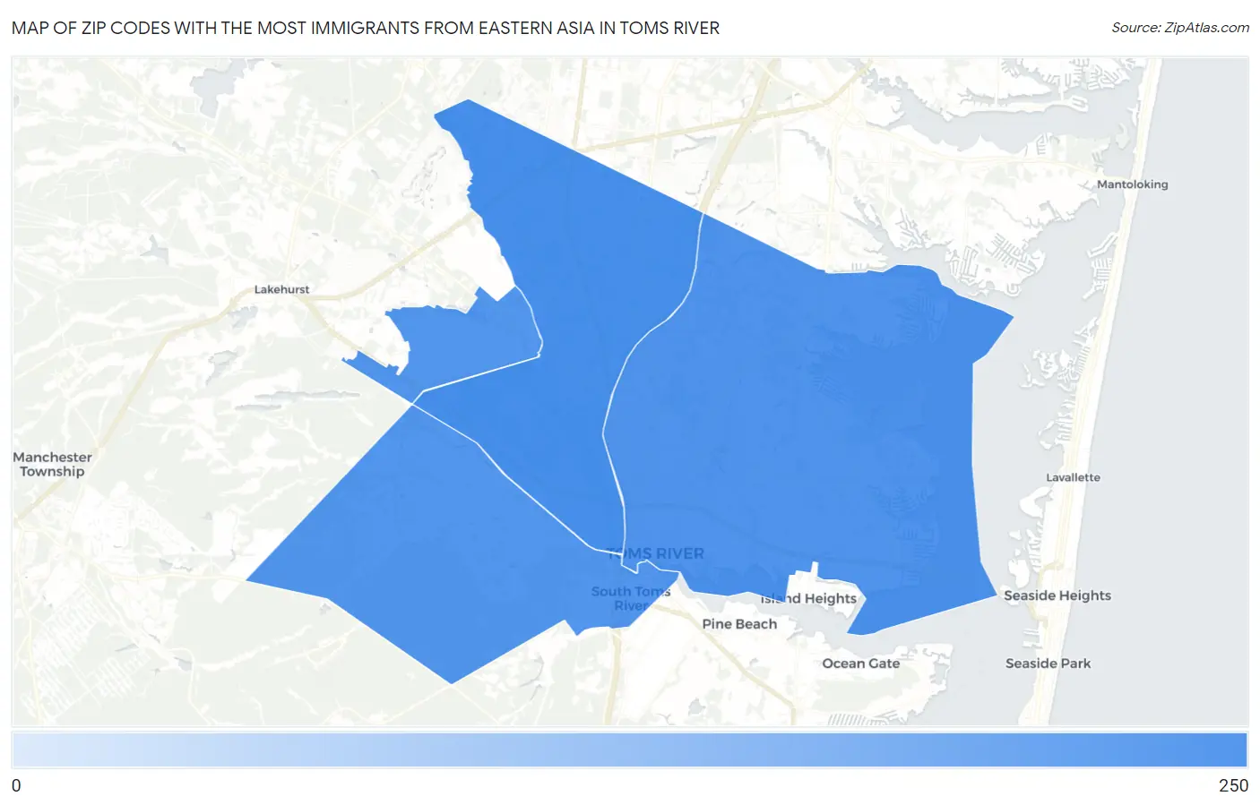 Zip Codes with the Most Immigrants from Eastern Asia in Toms River Map