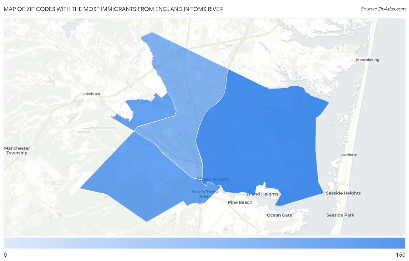 Zip Codes with the Most Immigrants from England in Toms River Map