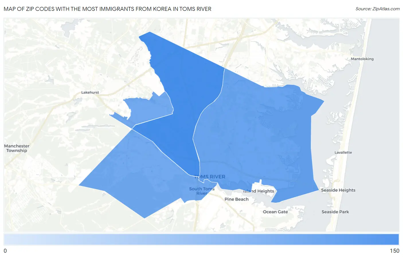 Zip Codes with the Most Immigrants from Korea in Toms River Map