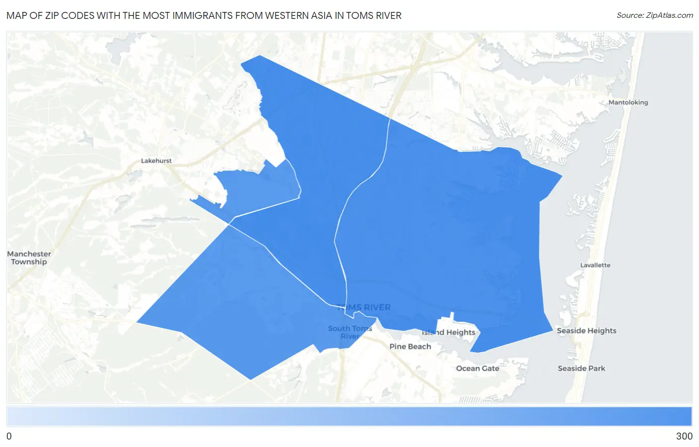Zip Codes with the Most Immigrants from Western Asia in Toms River Map