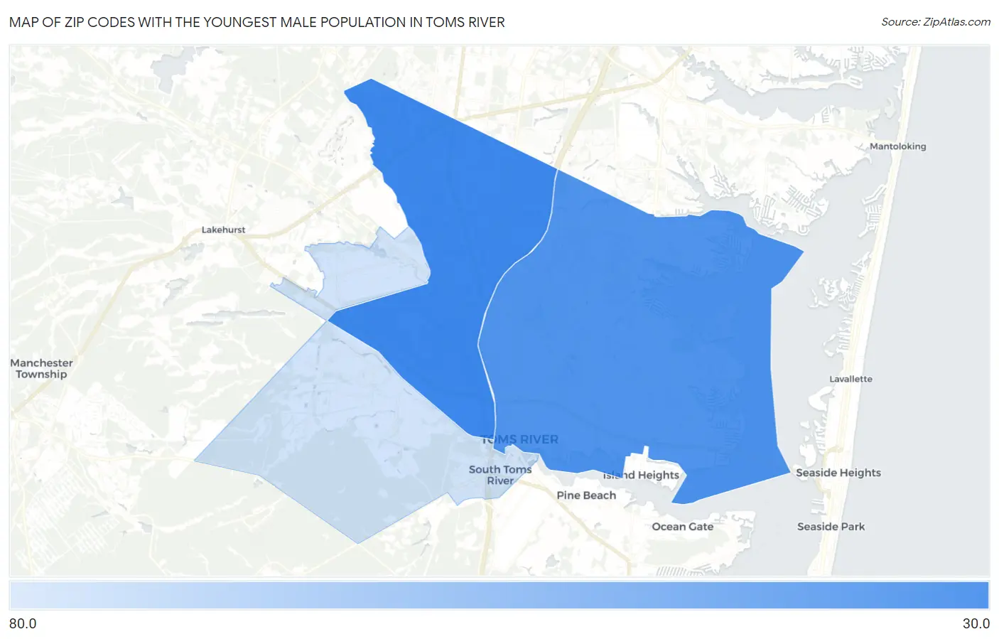 Zip Codes with the Youngest Male Population in Toms River Map
