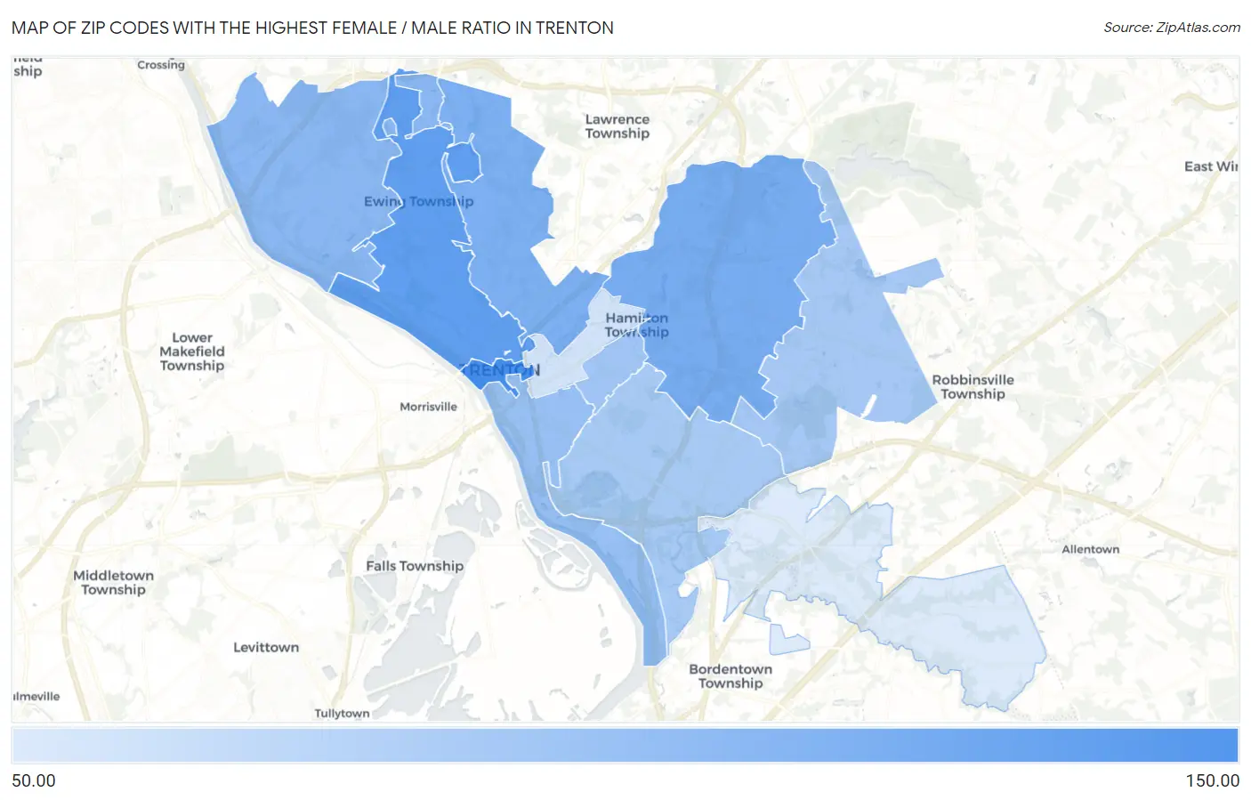 Zip Codes with the Highest Female / Male Ratio in Trenton Map