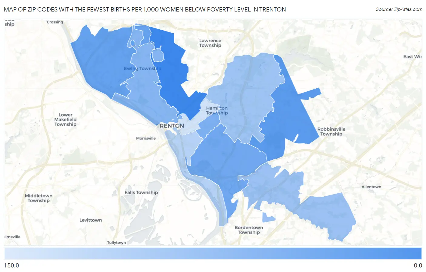 Zip Codes with the Fewest Births per 1,000 Women Below Poverty Level in Trenton Map