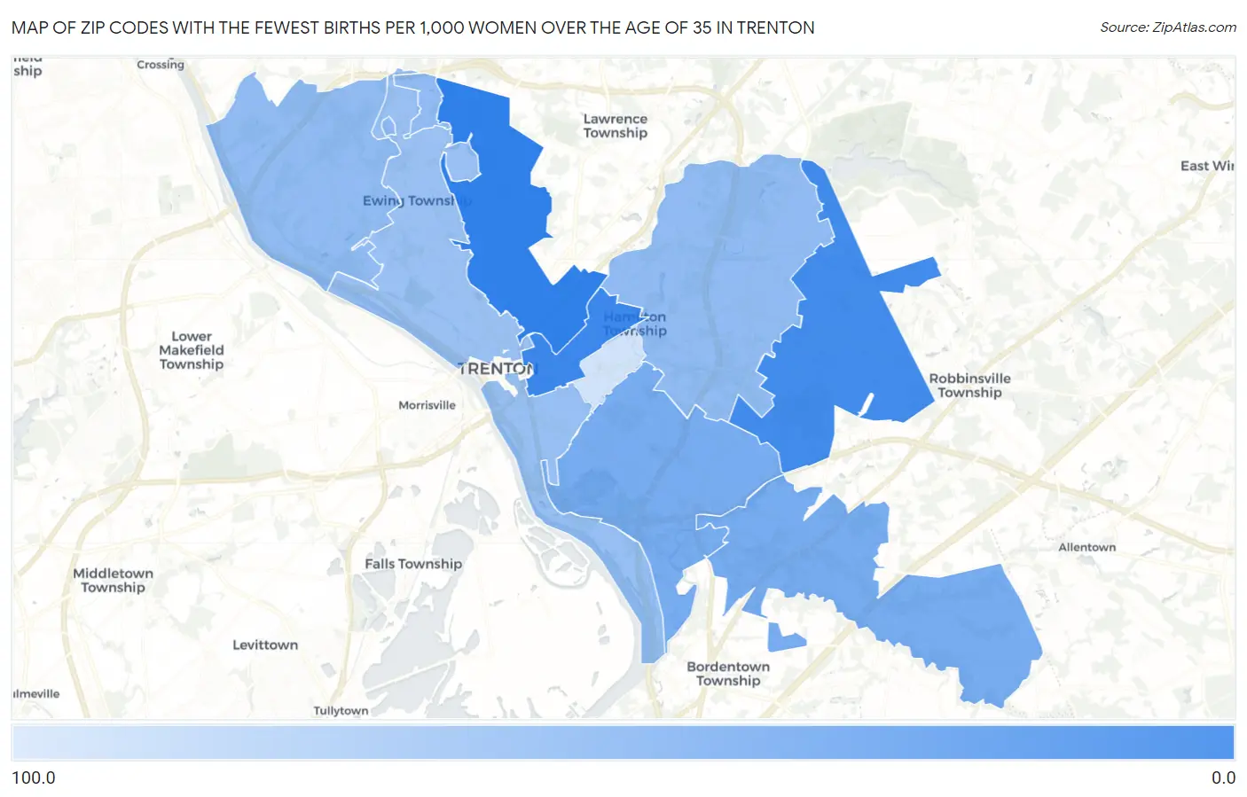 Zip Codes with the Fewest Births per 1,000 Women Over the Age of 35 in Trenton Map