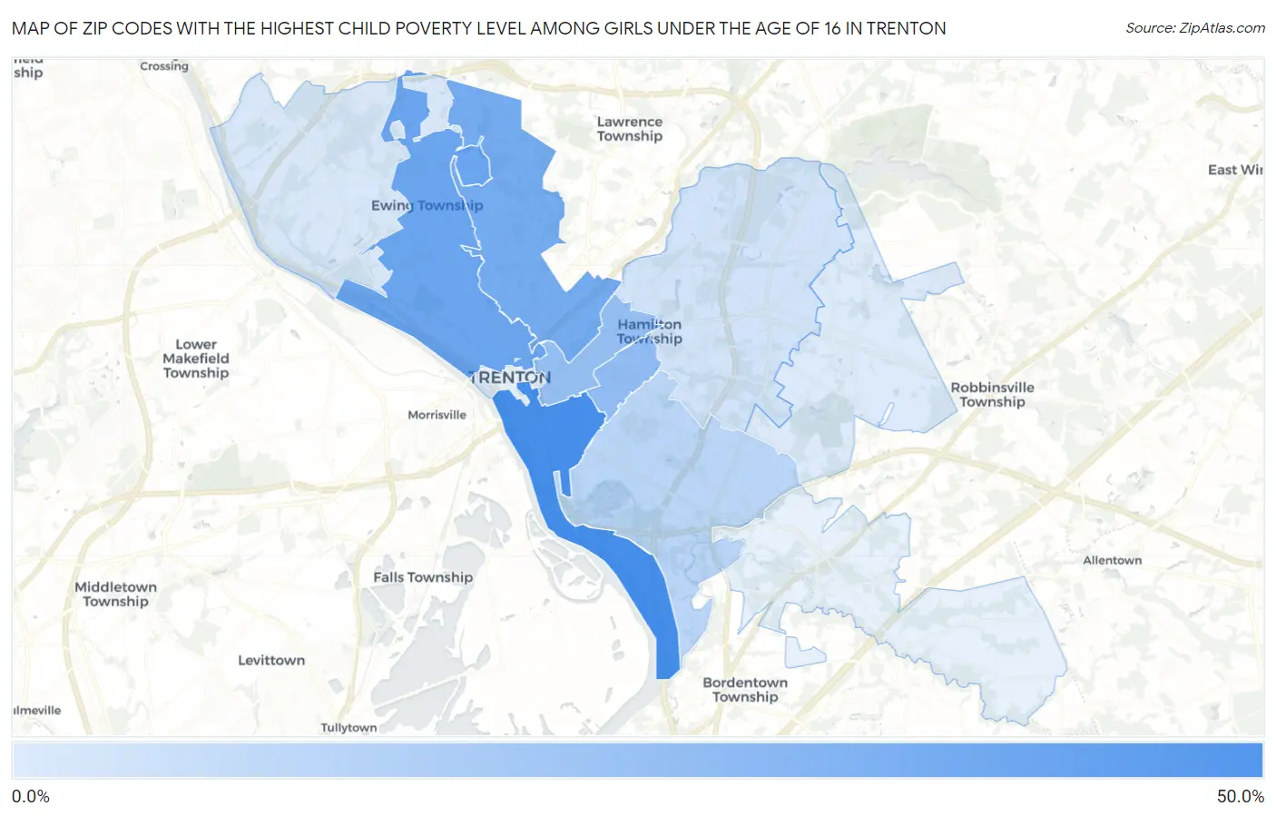 Zip Codes with the Highest Child Poverty Level Among Girls Under the Age of 16 in Trenton Map