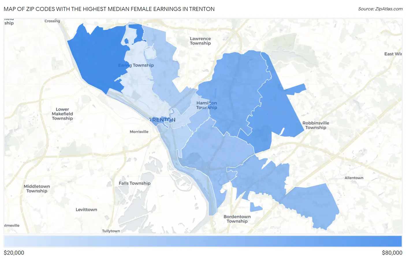 Zip Codes with the Highest Median Female Earnings in Trenton Map