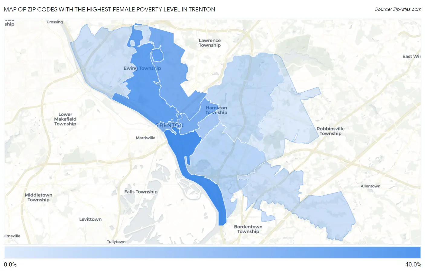 Zip Codes with the Highest Female Poverty Level in Trenton Map