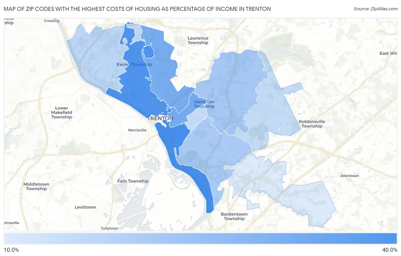 Zip Codes with the Highest Costs of Housing as Percentage of Income in Trenton Map