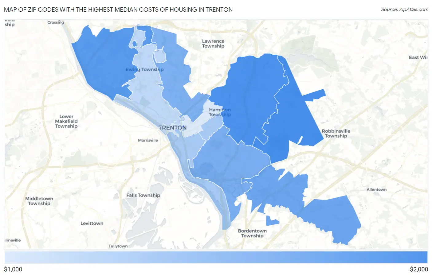 Zip Codes with the Highest Median Costs of Housing in Trenton Map