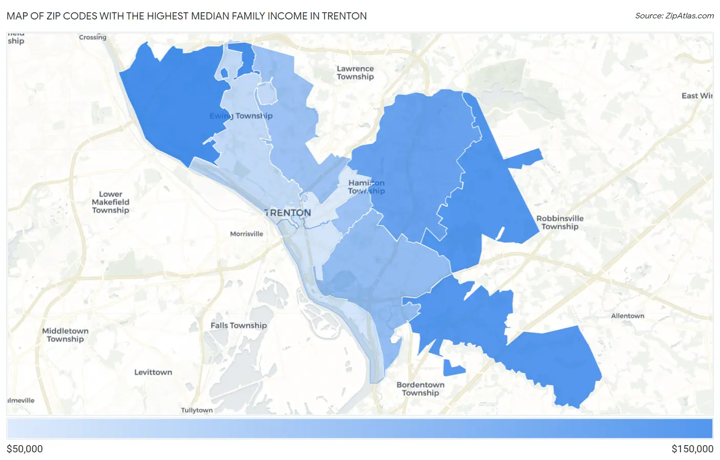 Zip Codes with the Highest Median Family Income in Trenton Map