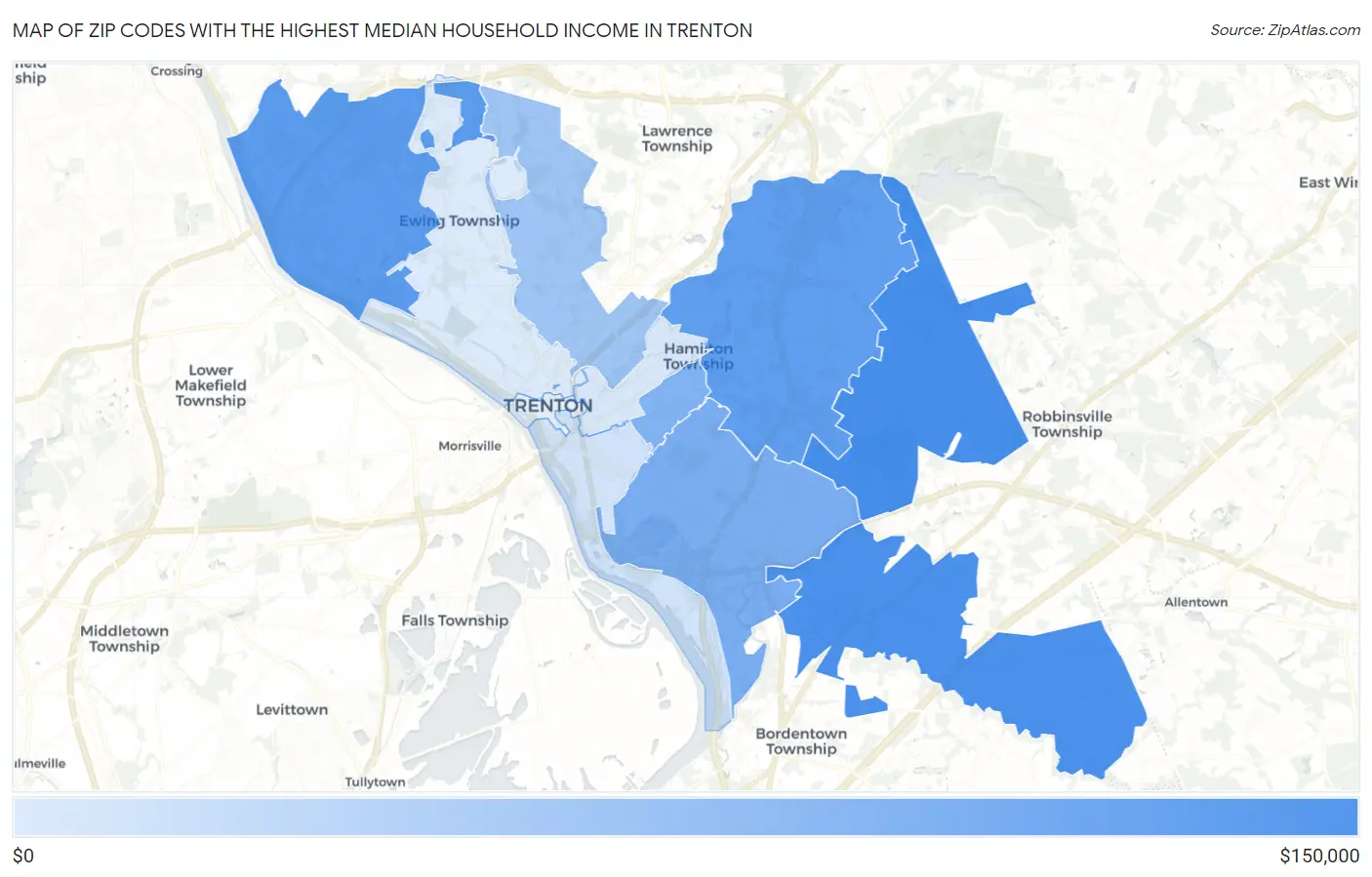Zip Codes with the Highest Median Household Income in Trenton Map