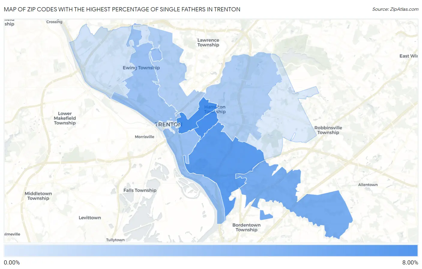 Zip Codes with the Highest Percentage of Single Fathers in Trenton Map