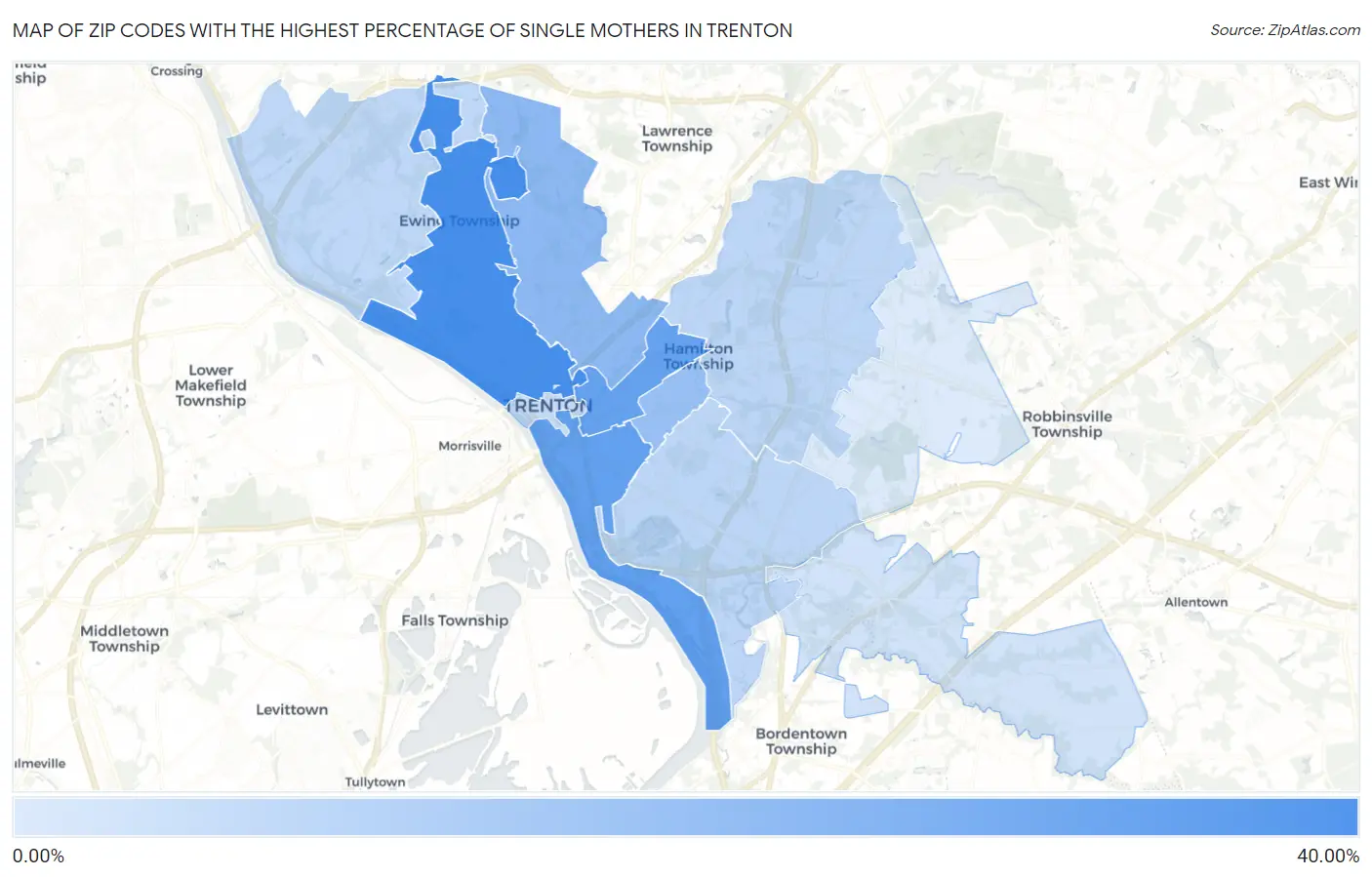 Zip Codes with the Highest Percentage of Single Mothers in Trenton Map