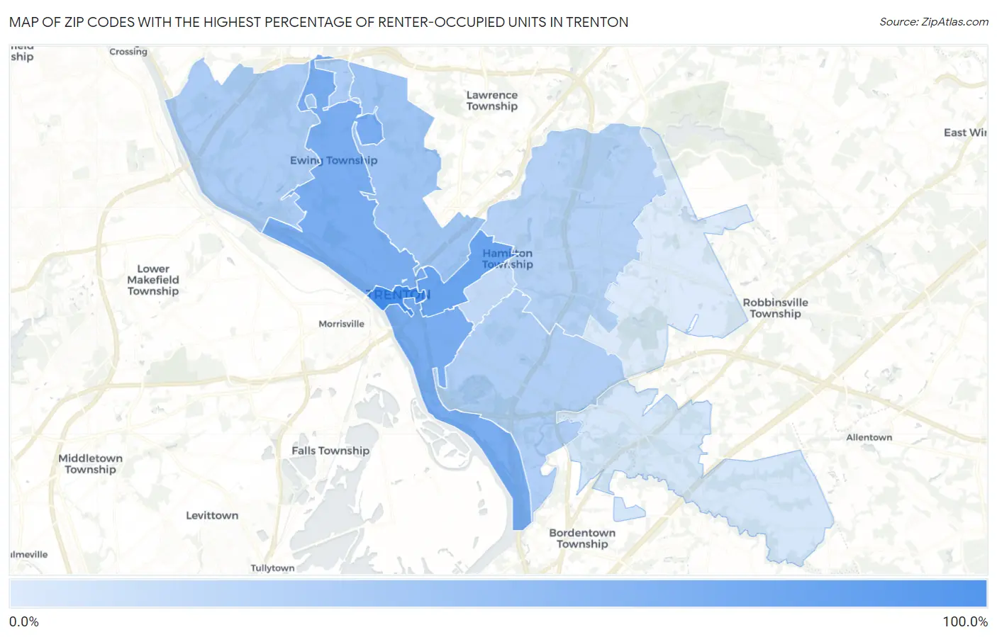 Zip Codes with the Highest Percentage of Renter-Occupied Units in Trenton Map