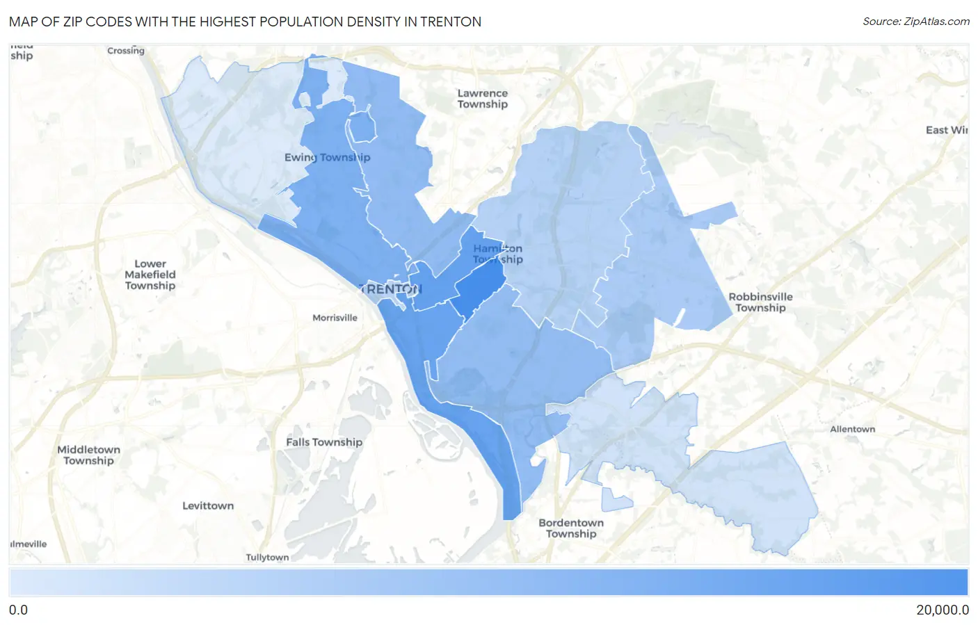 Zip Codes with the Highest Population Density in Trenton Map