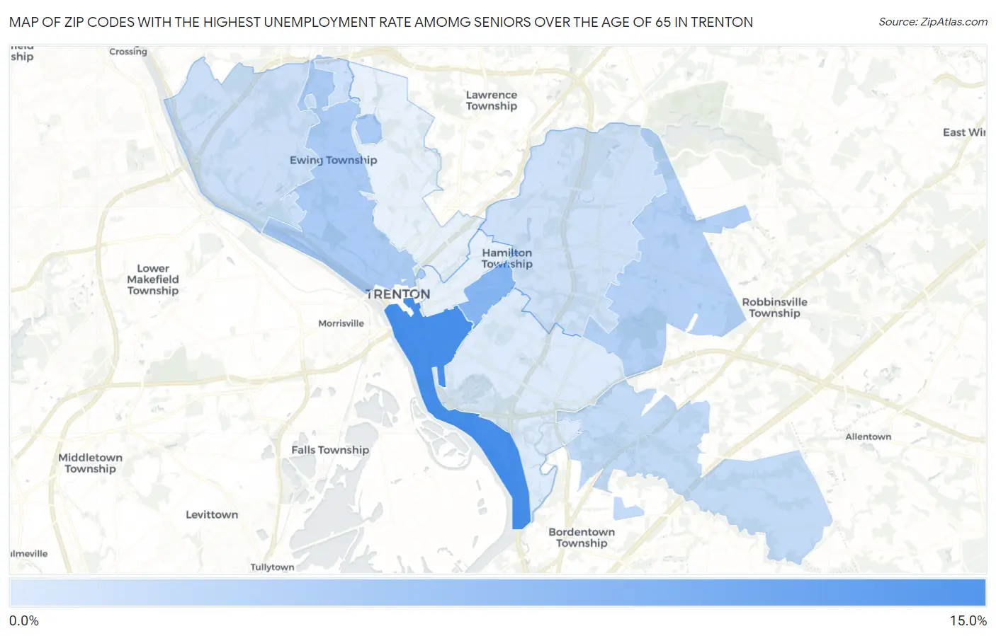 Zip Codes with the Highest Unemployment Rate Amomg Seniors Over the Age of 65 in Trenton Map