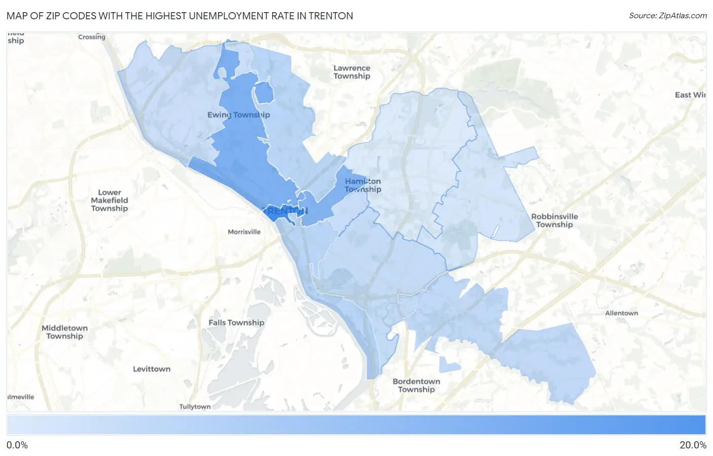 Zip Codes with the Highest Unemployment Rate in Trenton Map