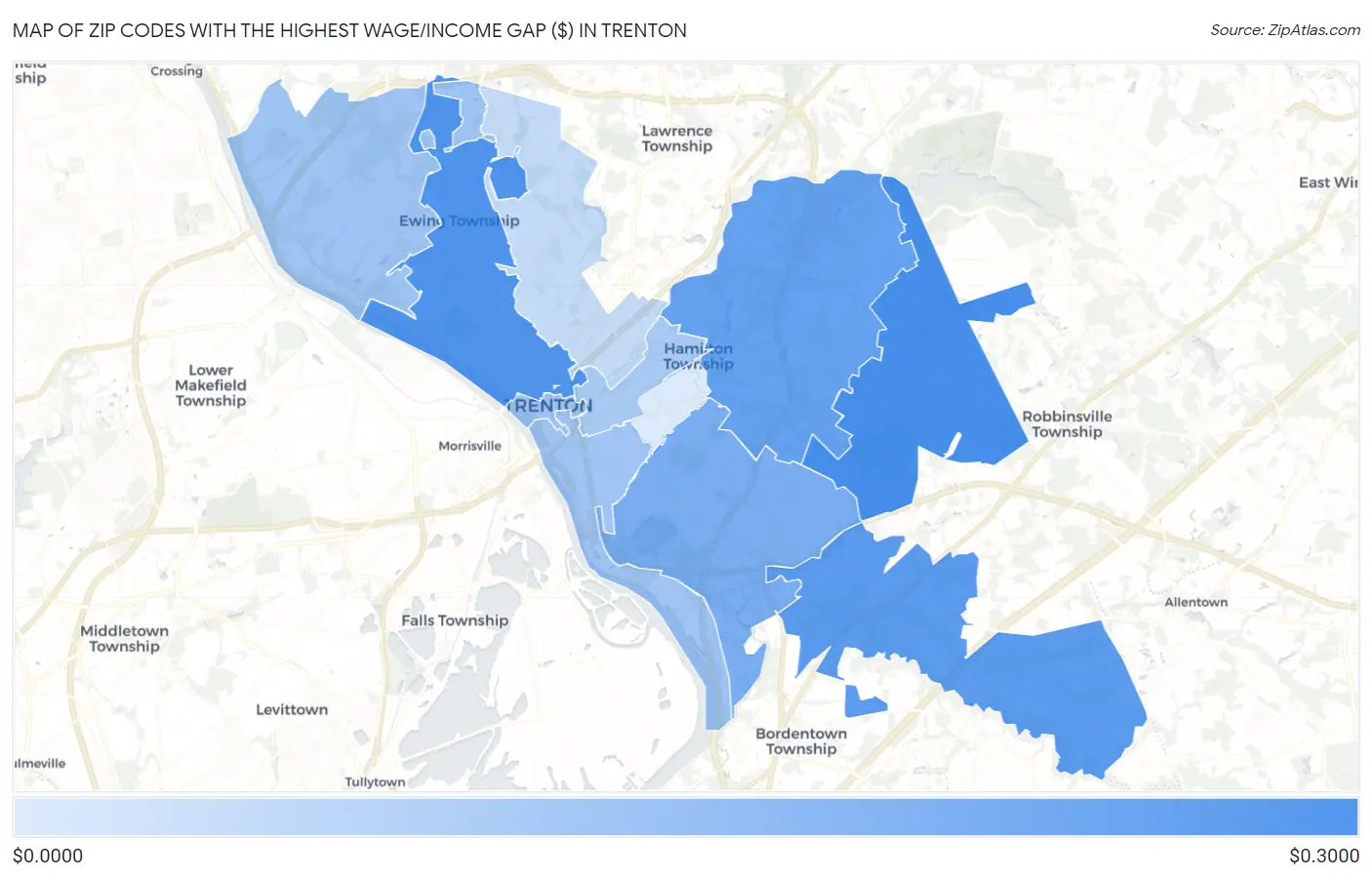 Zip Codes with the Highest Wage/Income Gap ($) in Trenton Map