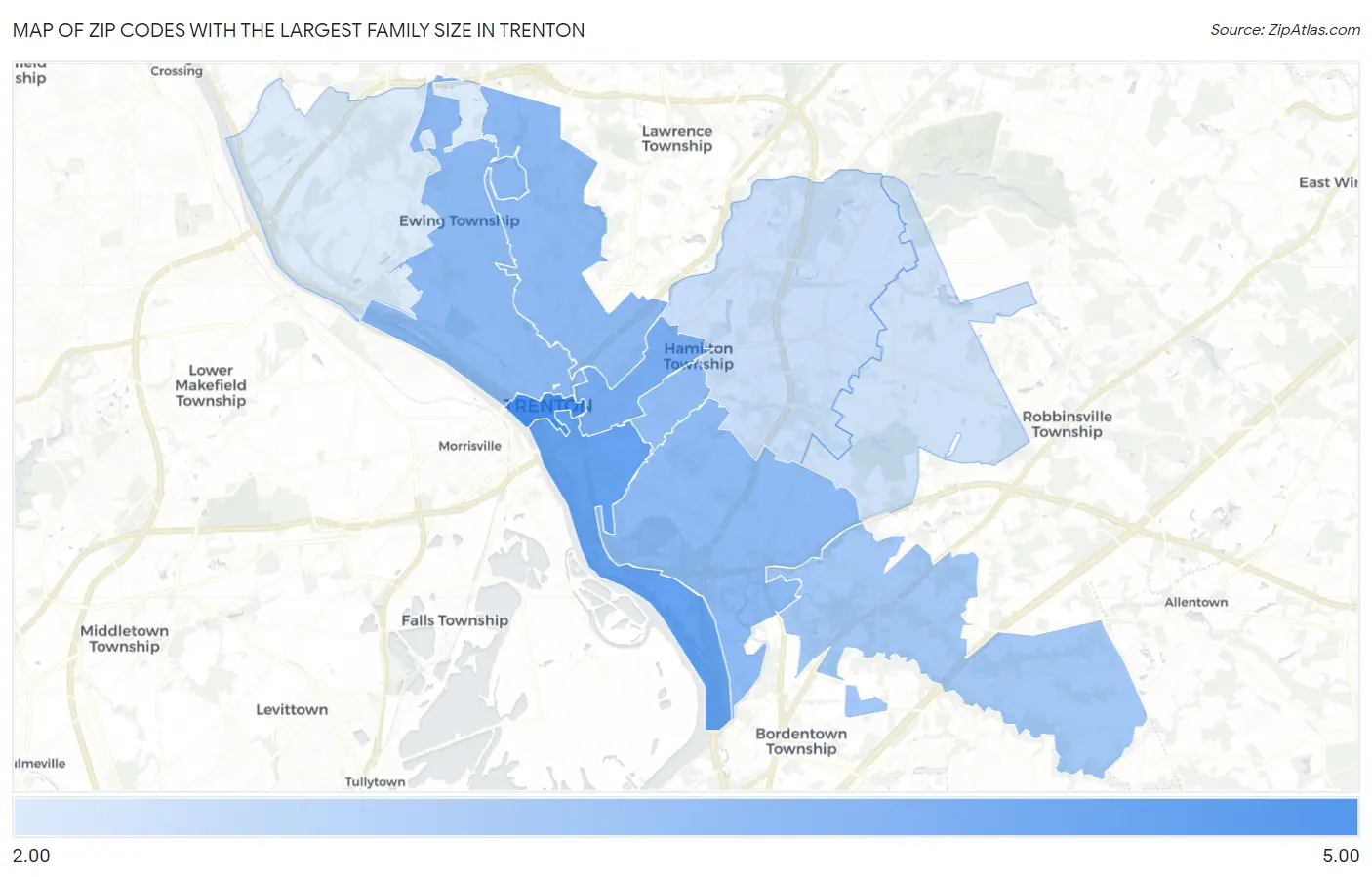 Zip Codes with the Largest Family Size in Trenton Map