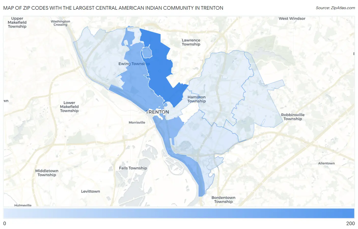 Zip Codes with the Largest Central American Indian Community in Trenton Map