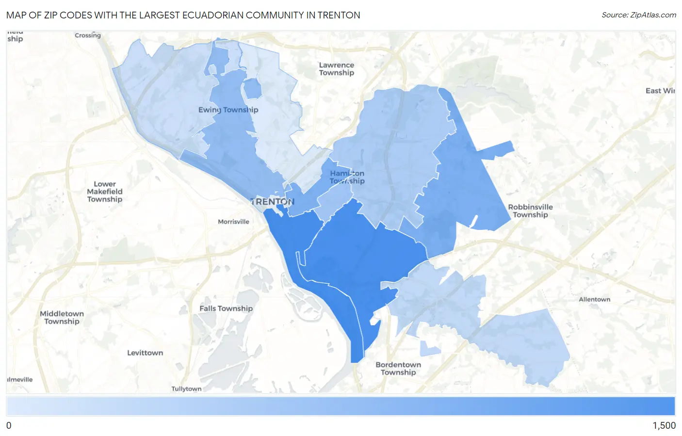 Zip Codes with the Largest Ecuadorian Community in Trenton Map
