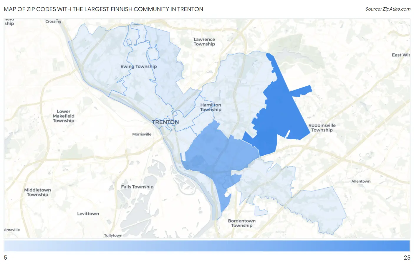 Zip Codes with the Largest Finnish Community in Trenton Map