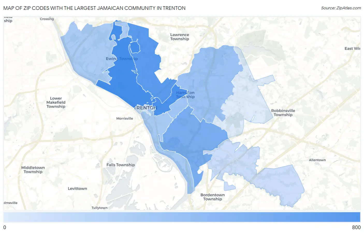 Zip Codes with the Largest Jamaican Community in Trenton Map