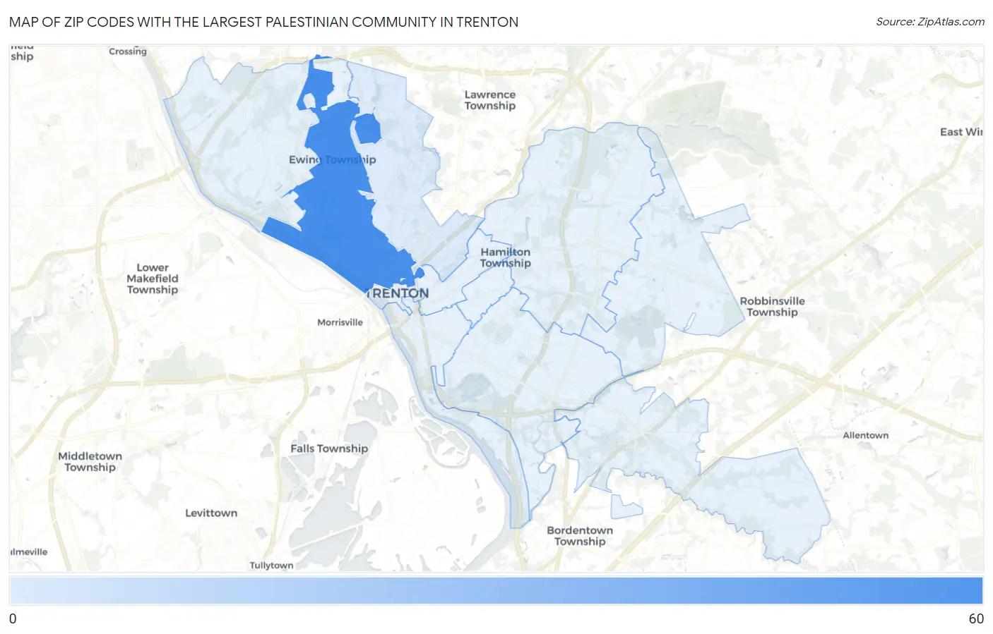 Zip Codes with the Largest Palestinian Community in Trenton Map