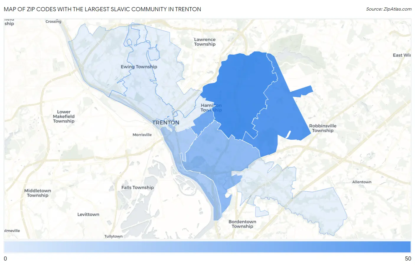 Zip Codes with the Largest Slavic Community in Trenton Map