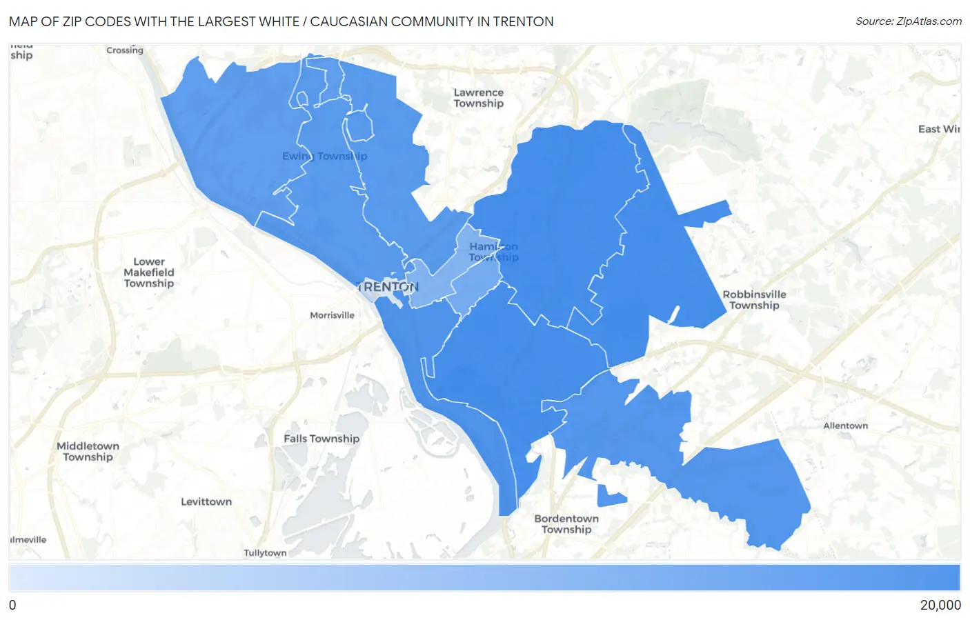 Zip Codes with the Largest White / Caucasian Community in Trenton Map